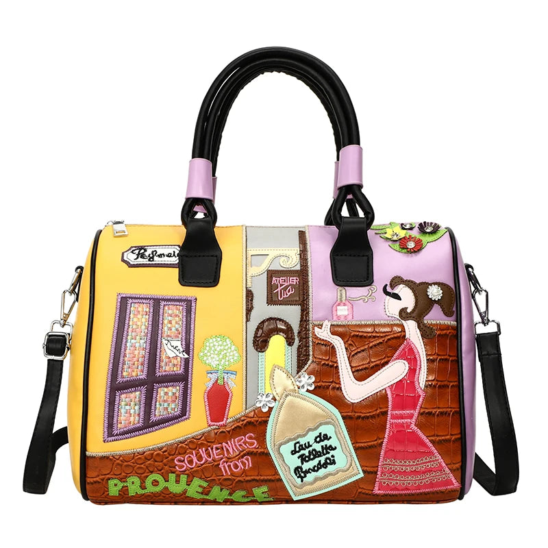 Colorful handbag with artistic design elements on a white background