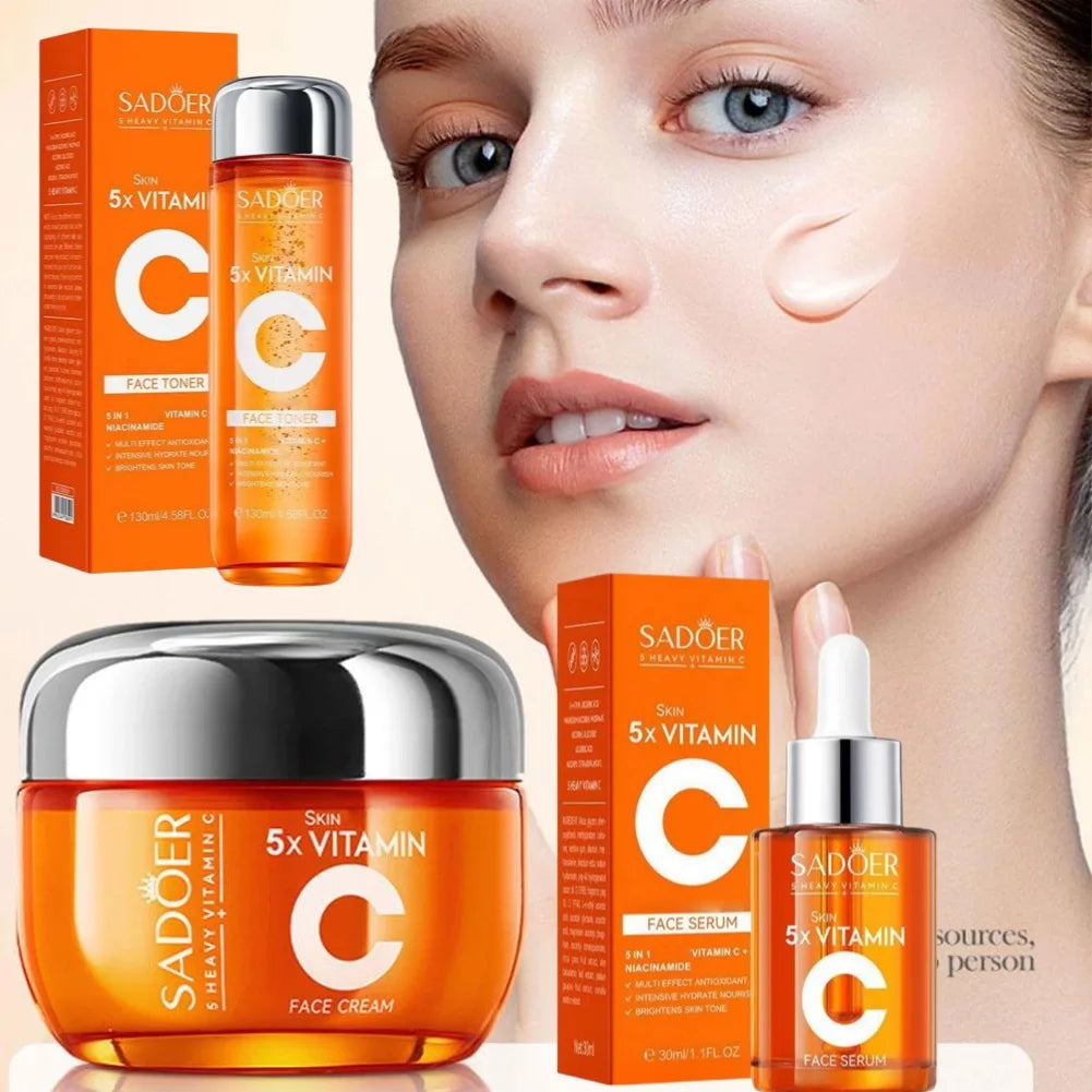 Sadoer Vitamin C skincare products including cream, serum, and toner with a close-up of a woman's face.