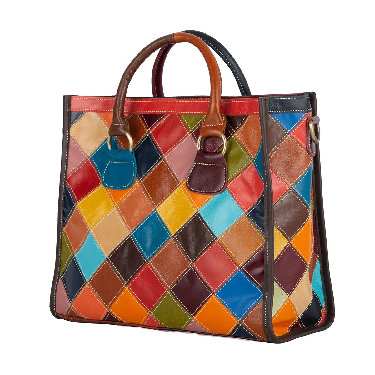 Women's Genuine Leather Color-Contrast Tote Bag
