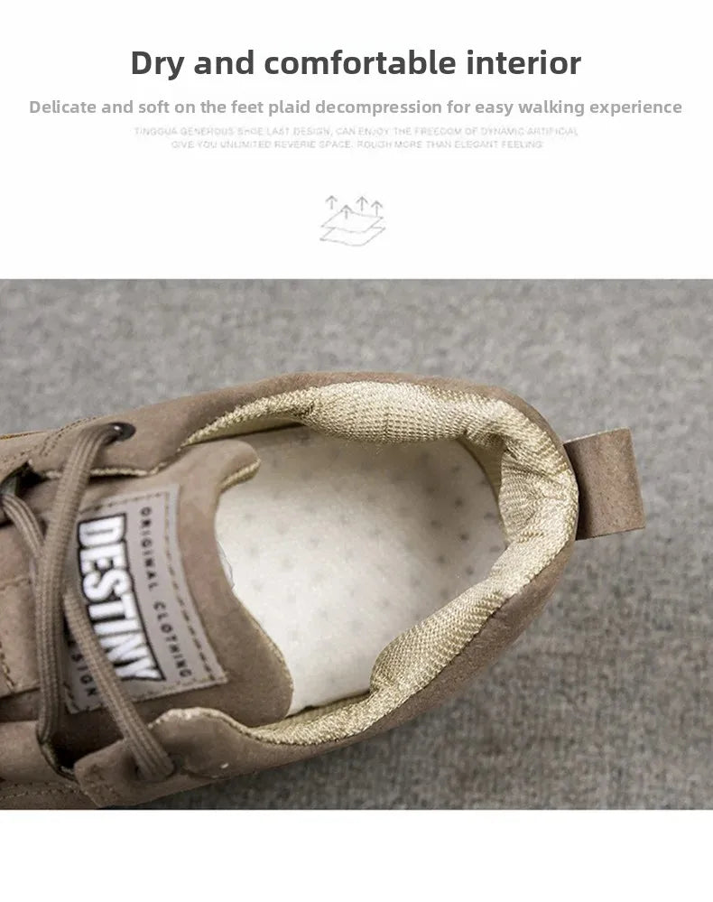 Close-up of the interior of a brown suede sneaker showing a thick, plush cream-colored footbed and a textured beige lining, with text at the top describing a dry and comfortable interior.