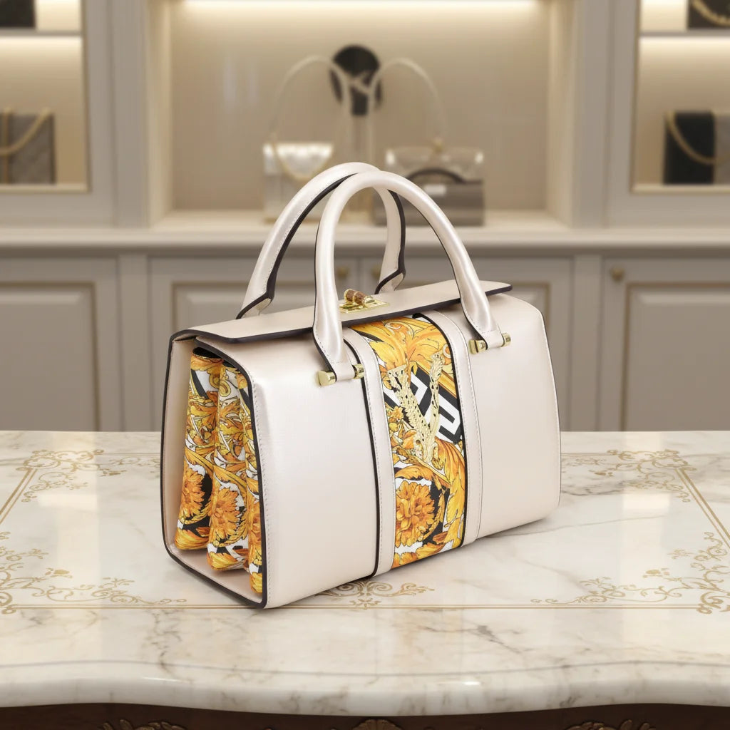 White handbag with gold and black pattern on a marble surface
