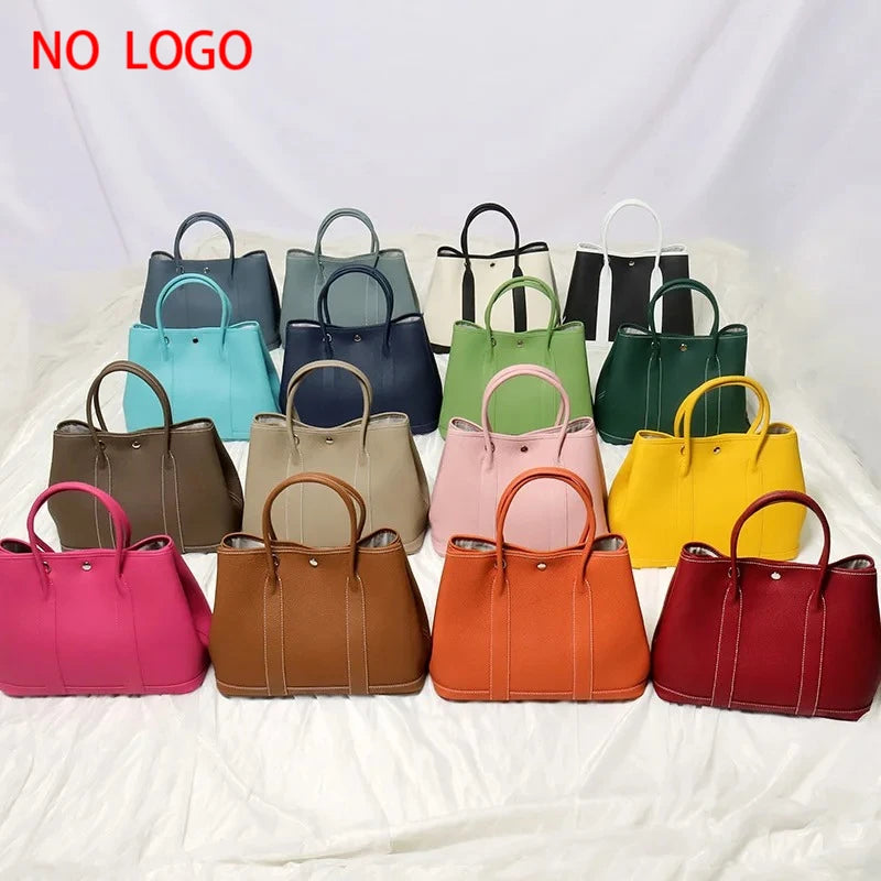 Assorted colorful handbags on a white background with 'NO LOGO' text.
