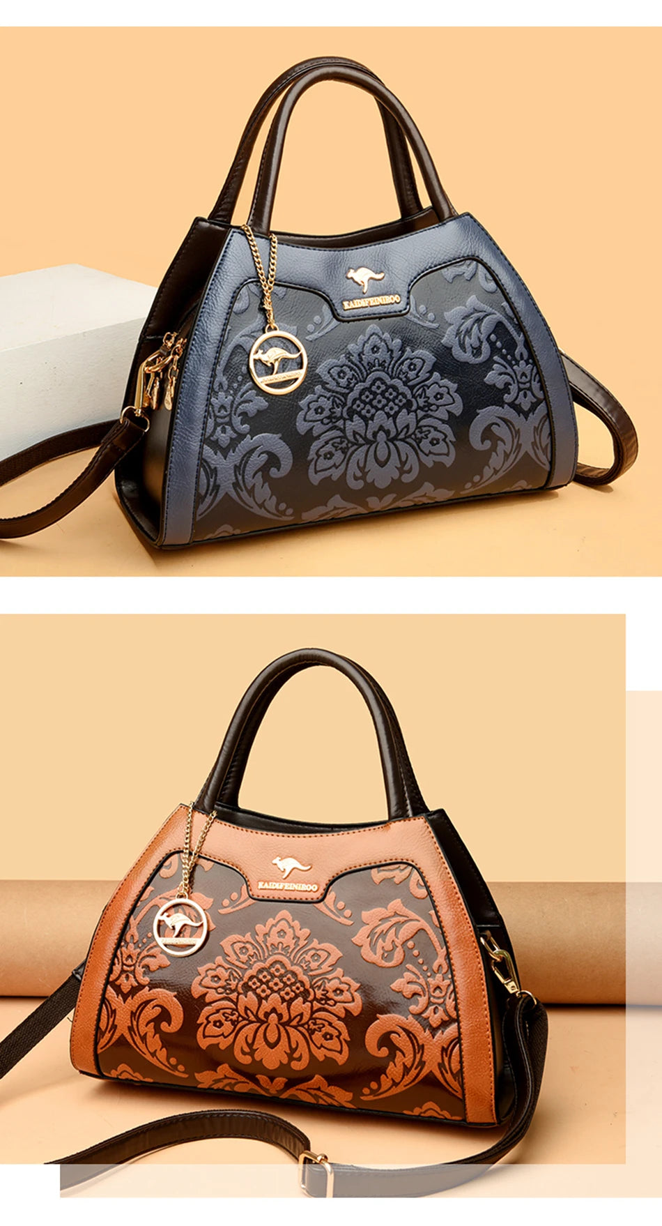 Two handbags with floral patterns on a beige background