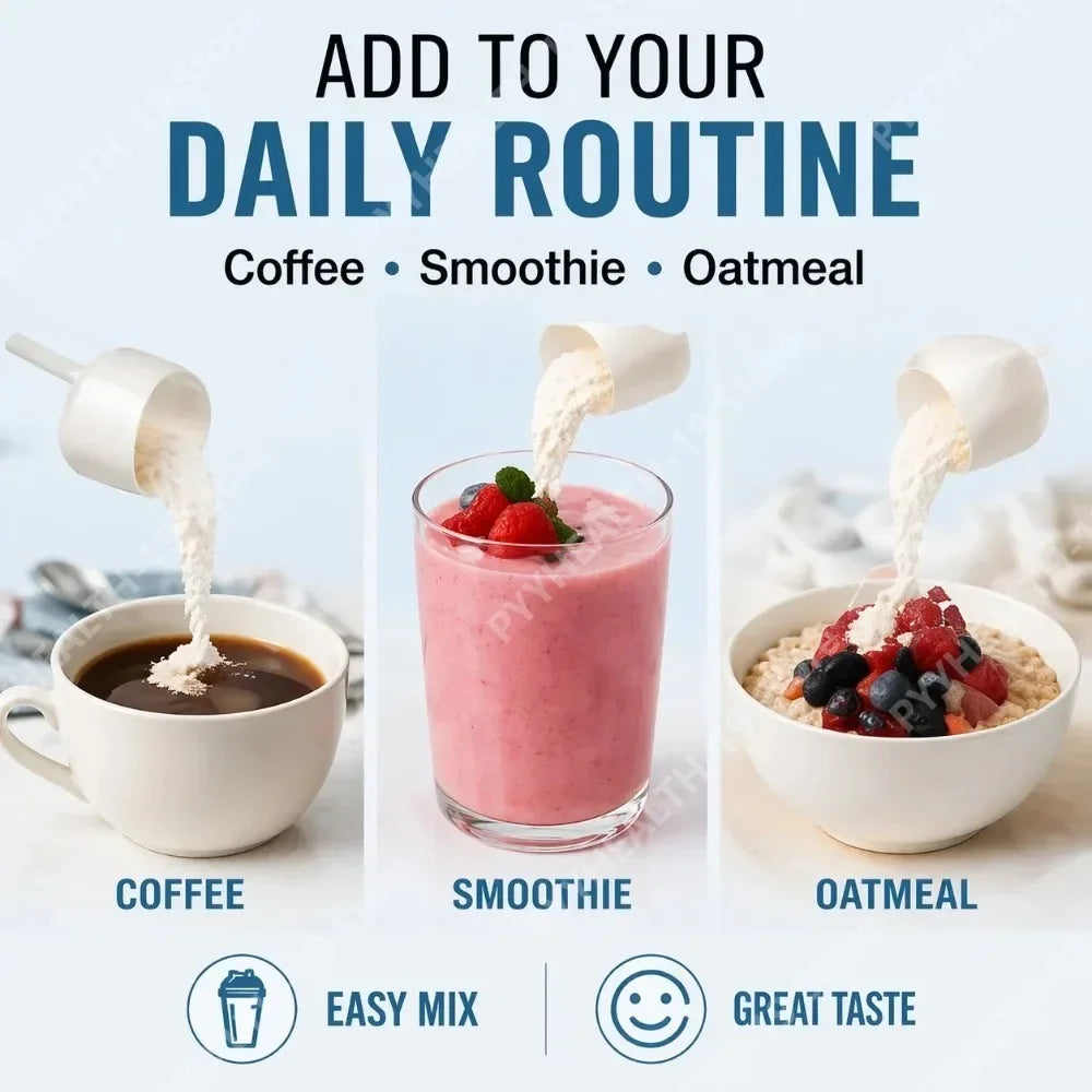 Promotional graphic showing a white powder scoop pouring into three breakfast drinks: coffee in a white cup, a pink smoothie in a glass with berries, and oatmeal in a white bowl. Text reads 'ADD TO YOUR DAILY ROUTINE' with 'Coffee • Smoothie • Oatmeal' and icons for 'EASY MIX' and 'GREAT TASTE'.
