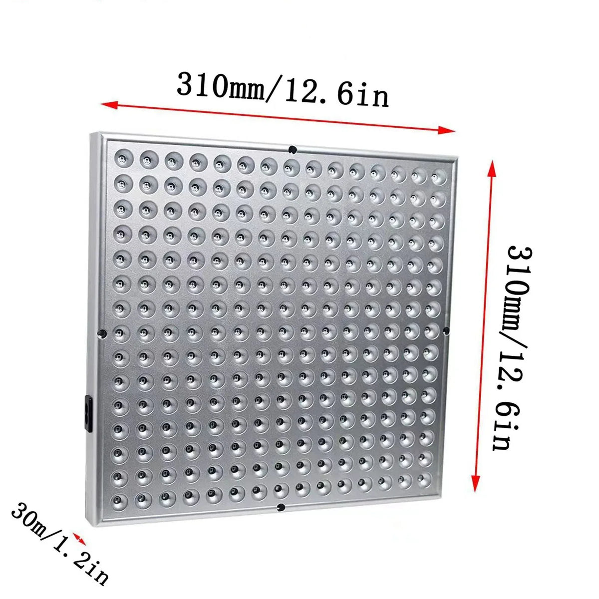 Square LED light panel with dimensions labeled on a white background