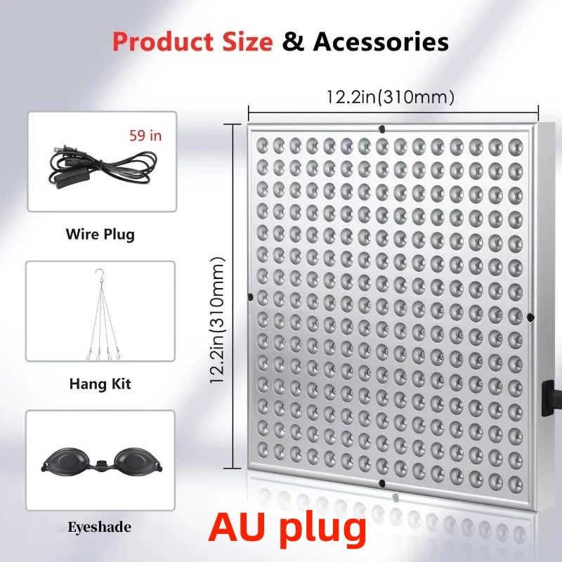 LED light panel with measurements, accessories, and plug type on a gray background