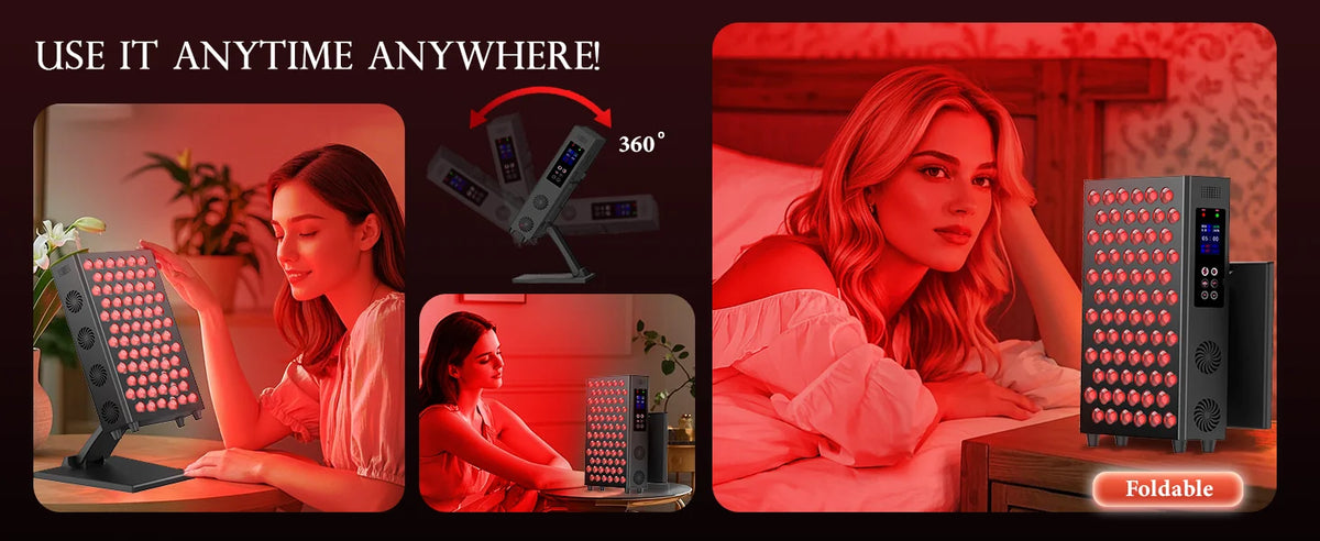 Foldable LED light product with images of a woman using it in different settings.