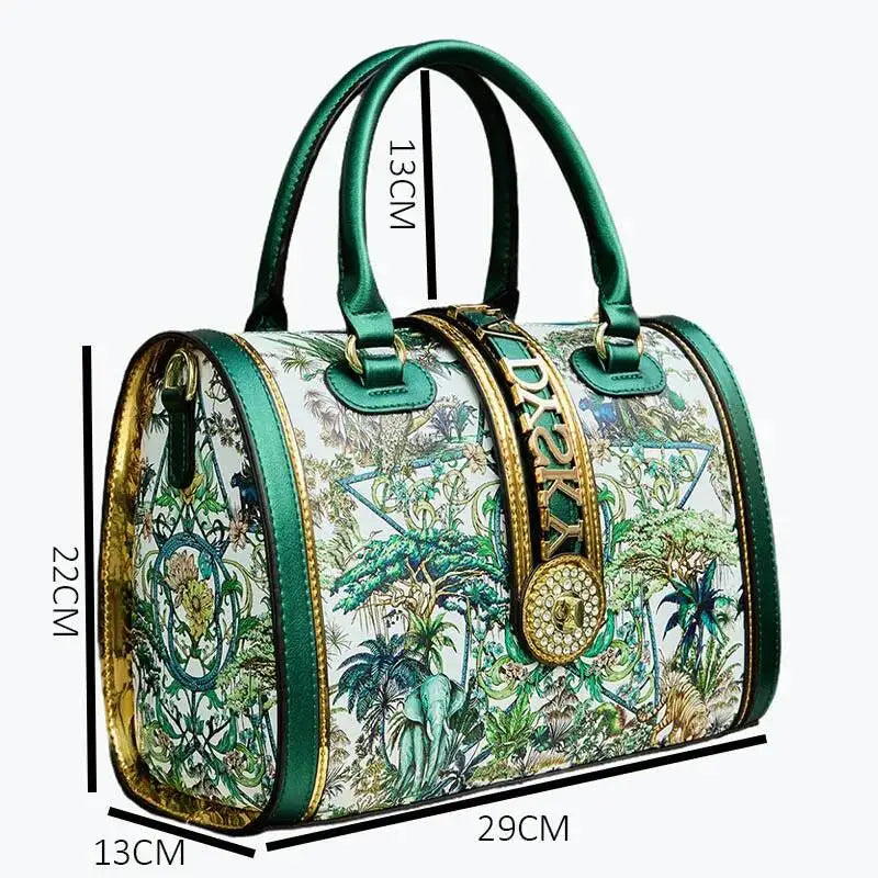 Designer handbag with floral pattern and green accents, featuring brand name, measurements, and 'TADY' branding.