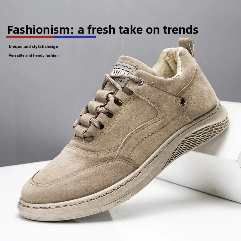 A beige low-top sneaker with a textured suede-like finish, matching laces, and a thick white sole, shown resting on a white block against a gray background with promotional text.