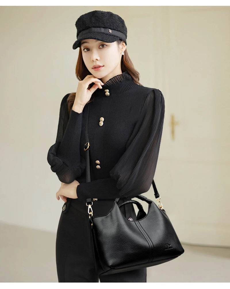 Women's Genuine Leather Bucket Bag with Crossbody Strap
