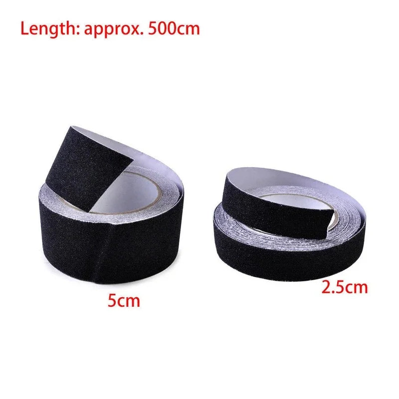Two rolls of black adhesive tape on a white background, with red text indicating length options: 5cm and 2.5cm, plus a note at the top stating Length: approx.