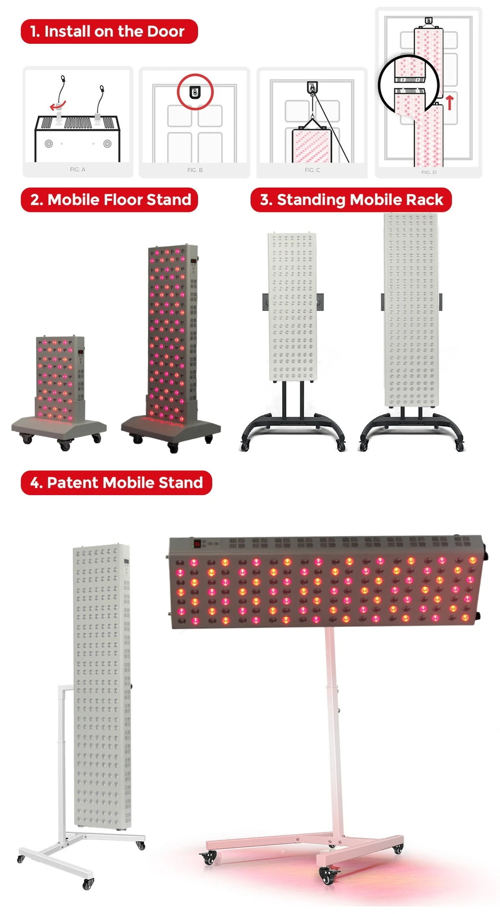 Illustration of various display stands with installation instructions on a white background