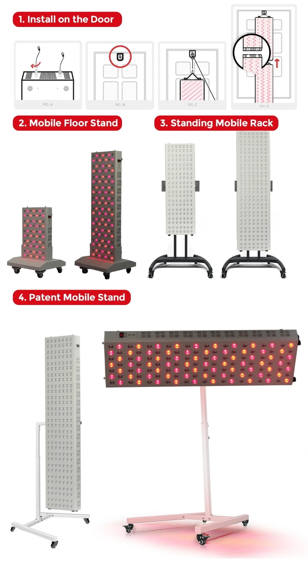 Illustration of various display stands with installation instructions on a white background