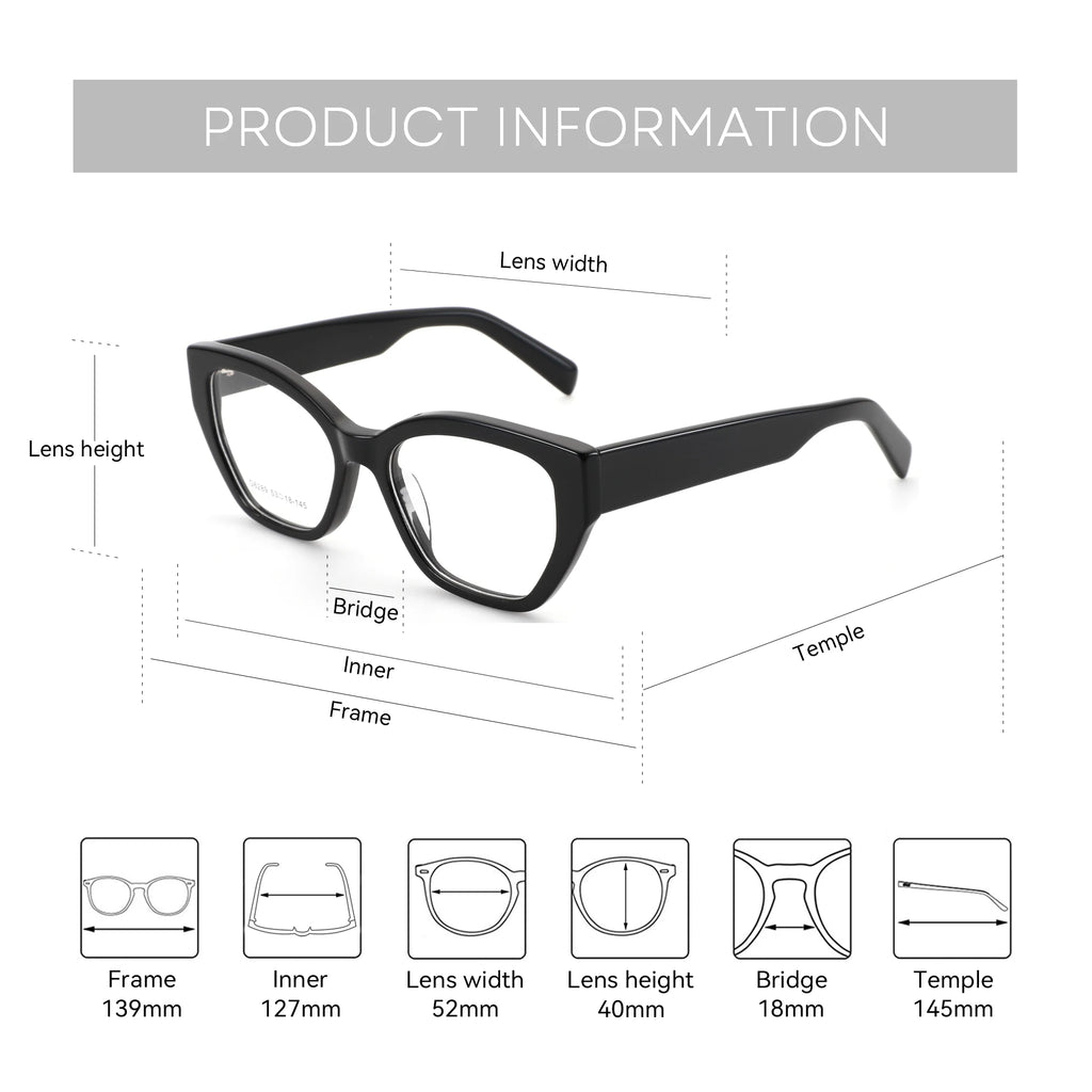 Black eyeglasses with labeled measurements on a white background