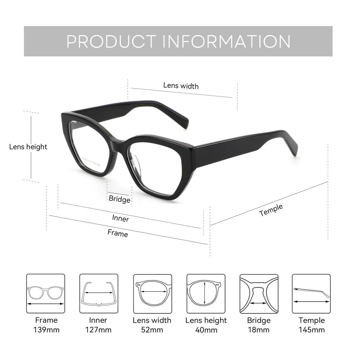 Black eyeglasses with labeled measurements on a white background