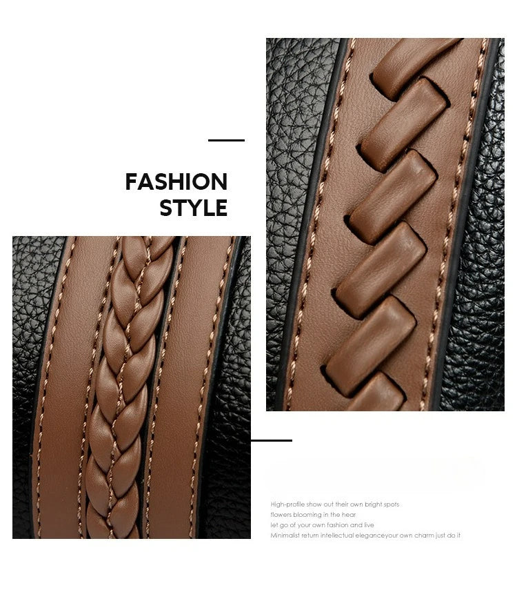 Close-up detail of a brown braided leather strap with contrast stitching on a black textured background, shown in two panels with the text 'FASHION STYLE'.