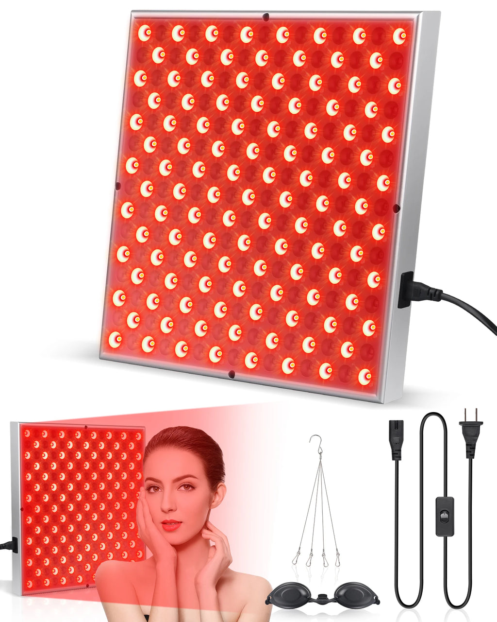 Red light therapy panel with power cord and goggles on a white background