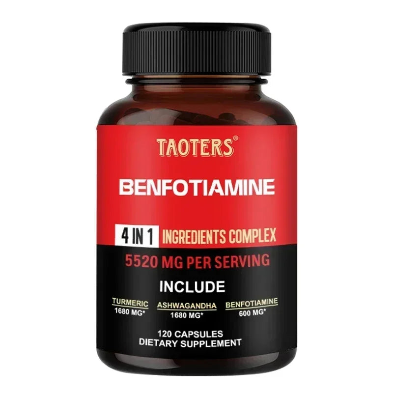 A bottle of Taoters Benfotiamine 4 in 1 Ingredients Complex dietary supplement, featuring a red and black label on a white background.