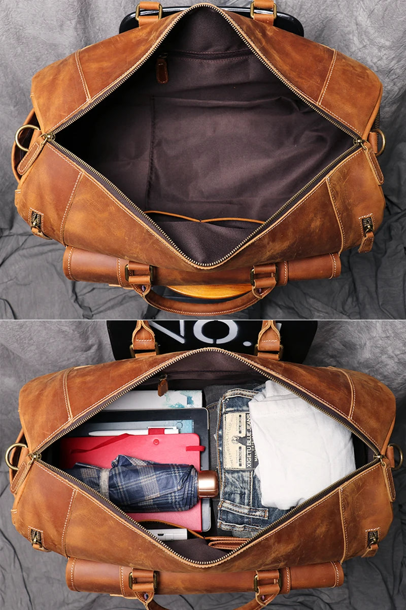 Brown leather duffel bag shown open with compartments filled, on a gray background.