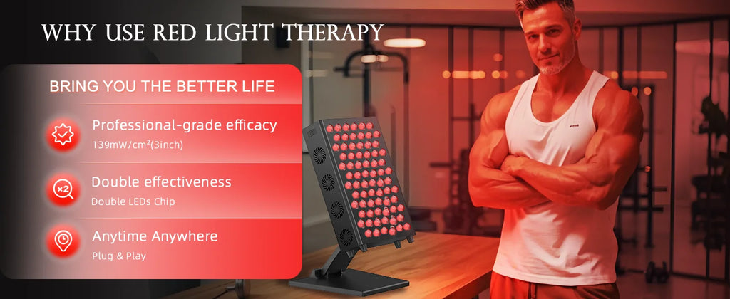Man standing next to a red light therapy device with promotional text about its benefits.