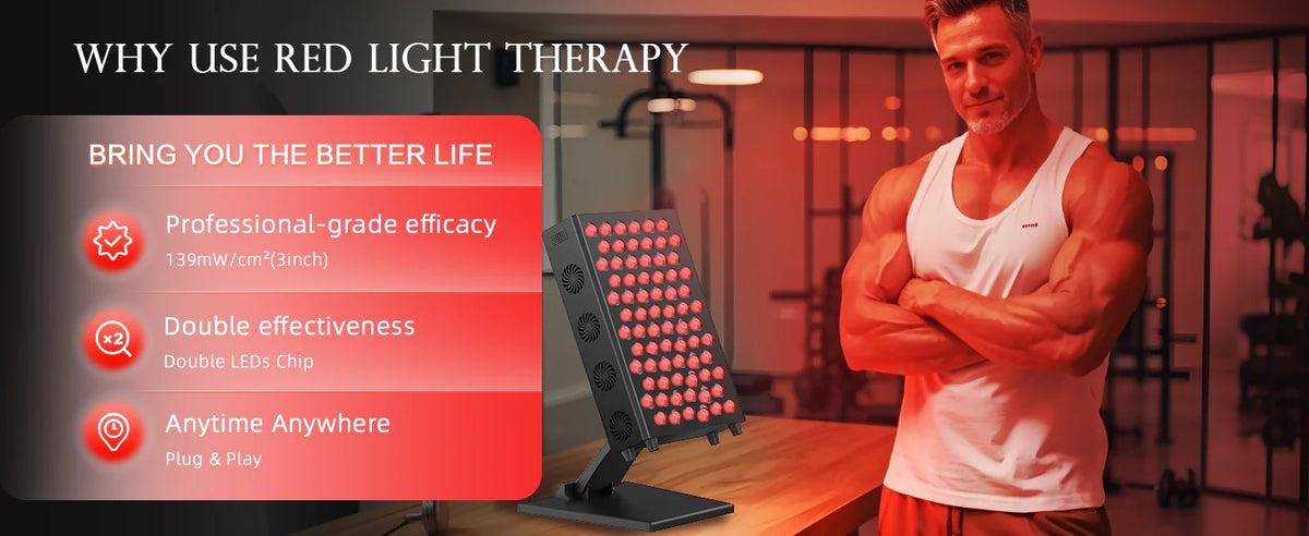 Man standing next to a red light therapy device with promotional text about its benefits.