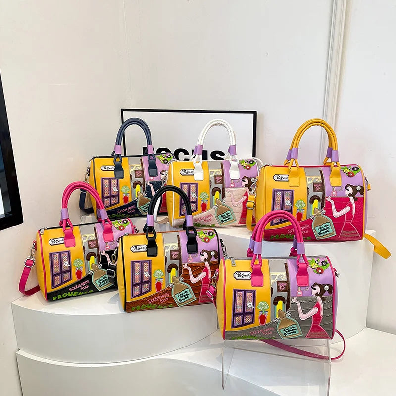 Colorful handbags with cartoon character designs on a white surface.