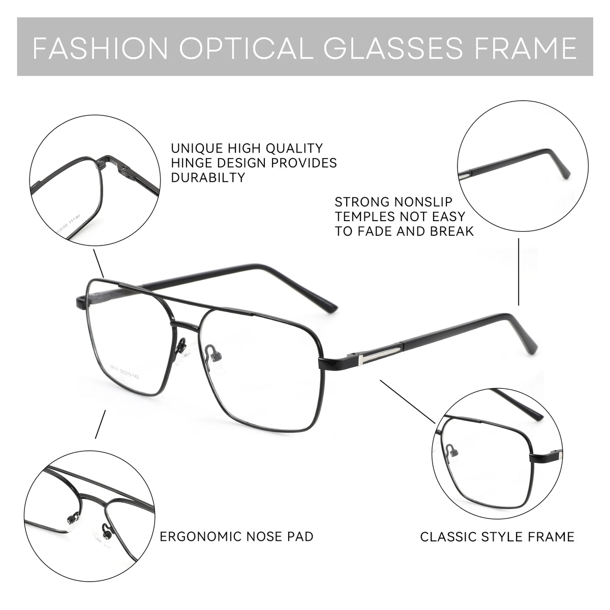 Black metal rectangular eyeglass frame shown on a white background with callout circles and text highlighting durability, nonslip temples, ergonomic nose pad, and classic style frame features.