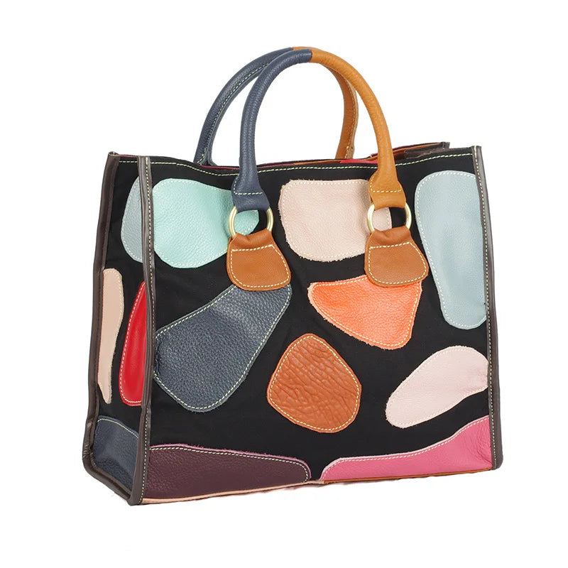 Colorful handbag with abstract pattern on a white background
