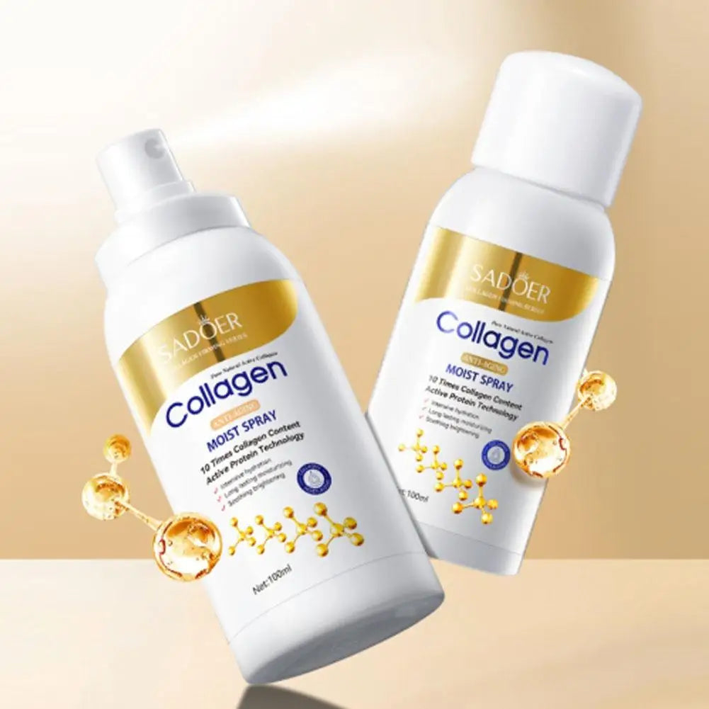 Two bottles of Sadoer Collagen Moist Spray on a beige background