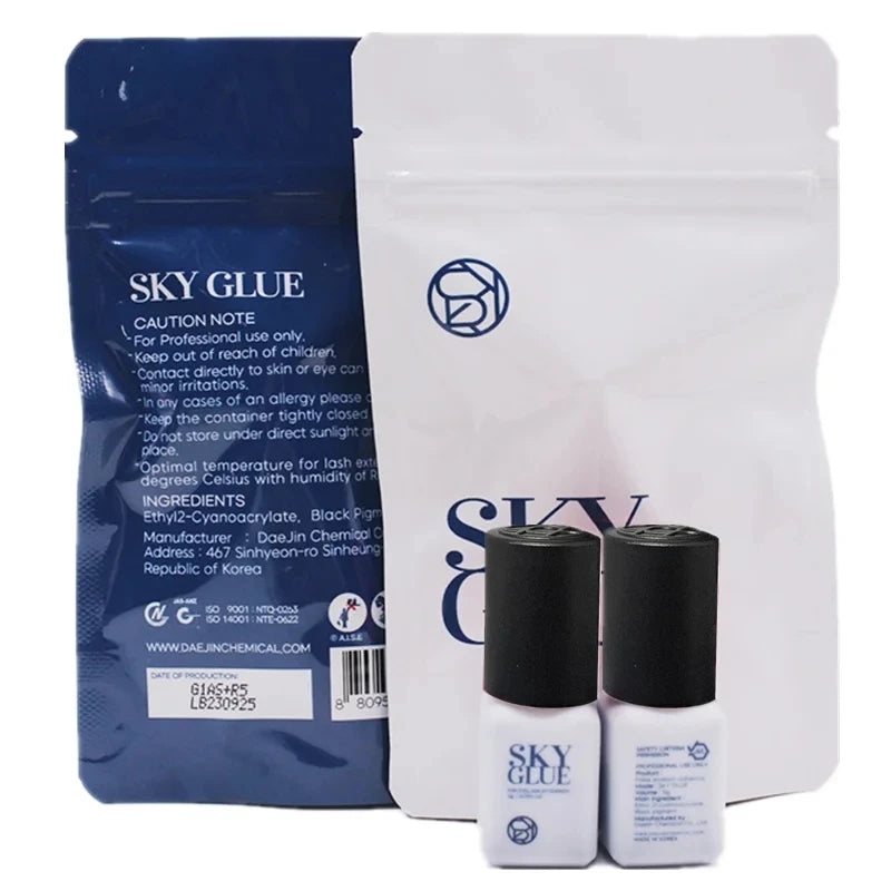Two bottles of 'SKY GLUE' with a blue and white packaging on a white background