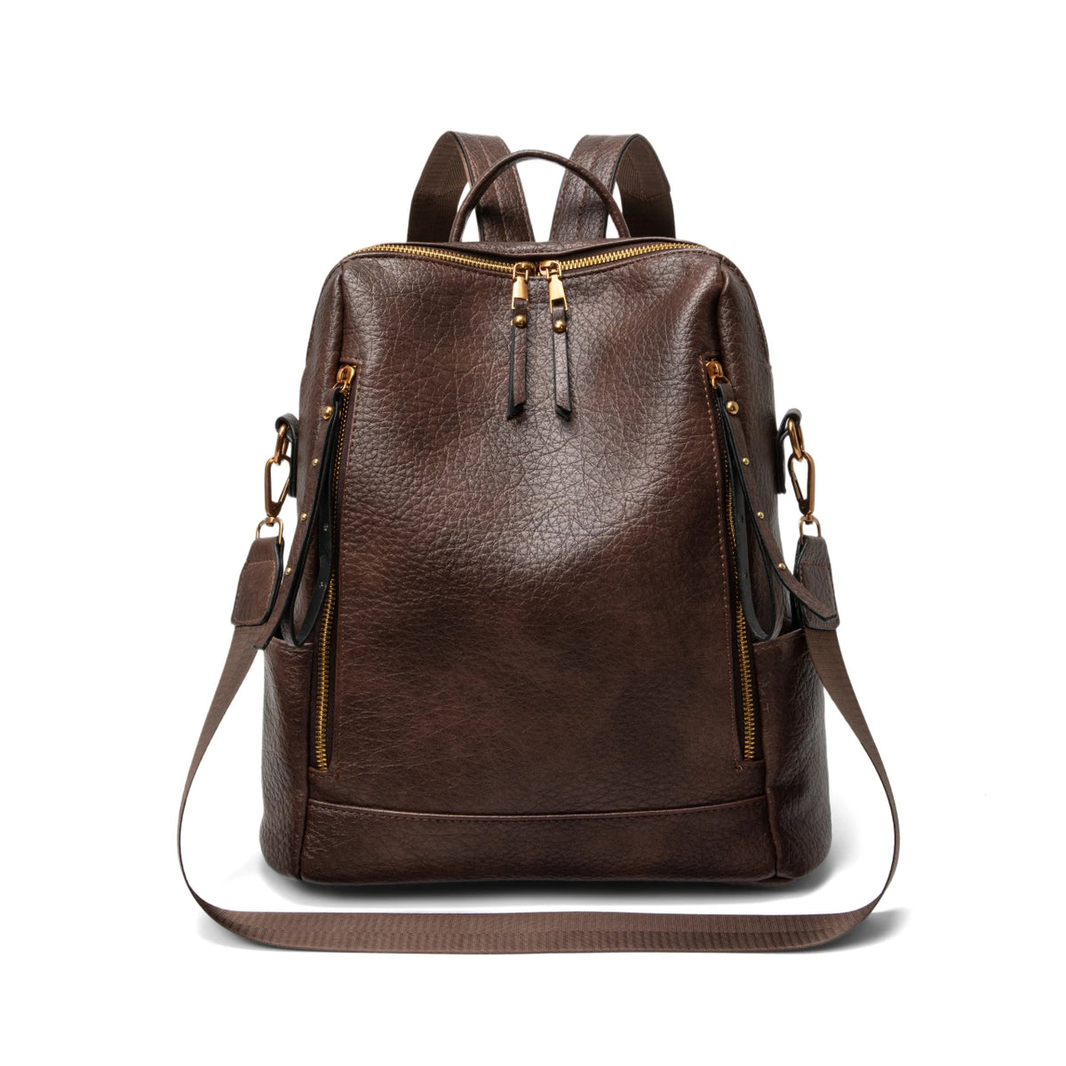A dark brown textured leather backpack with gold-tone zippers and hardware, shown against a plain white background.