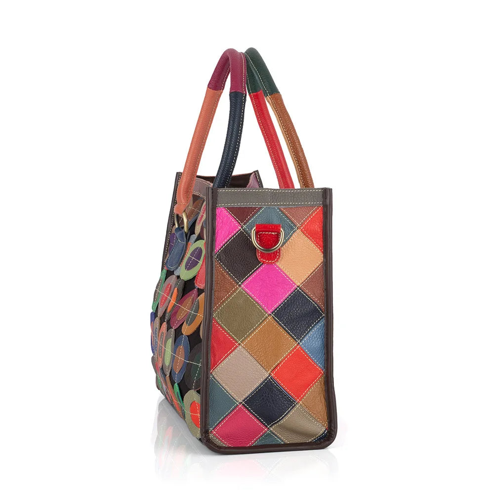 Women's Genuine Leather Color-Contrast Tote Bag