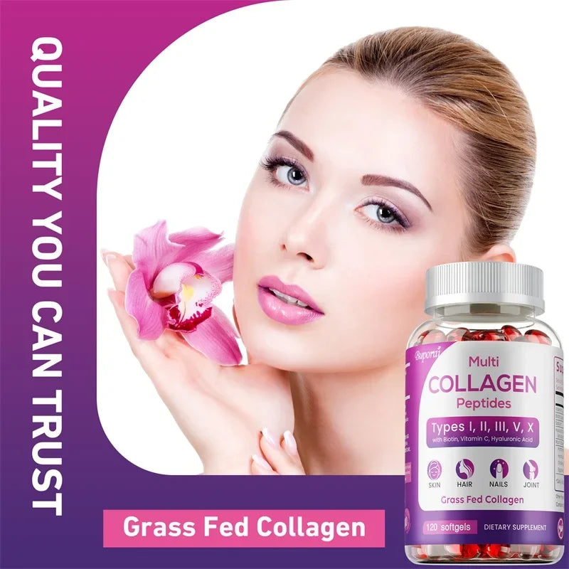 Woman holding a pink flower with a bottle of Multi Collagen Peptides on a purple background