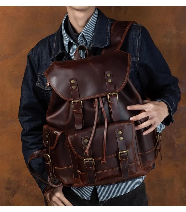 Retro crazy horse leather backpack men's large capacity travel bag fashion trend genuine leather backpack