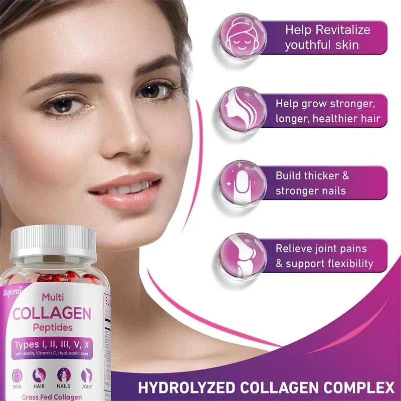 Collagen supplement bottle with a woman's face and benefits listed on a white background