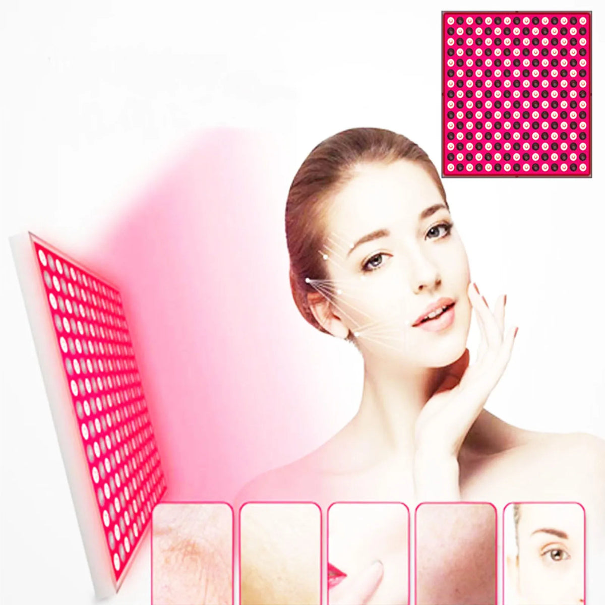 Woman with glowing skin next to a pink grid, likely representing a skincare product or treatment.