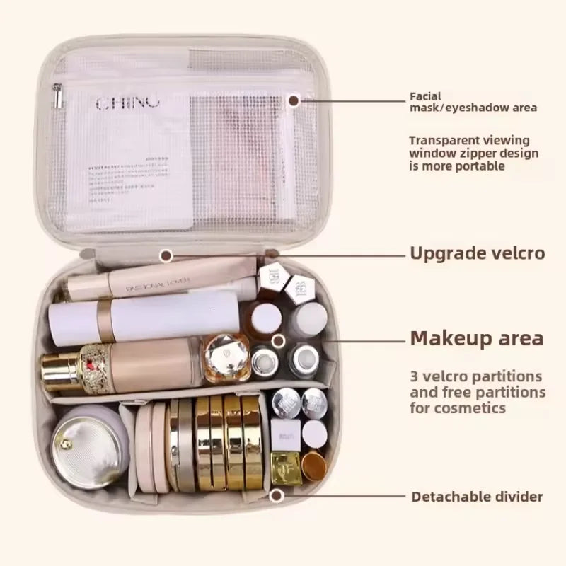 Makeup organizer with labeled compartments on a white background