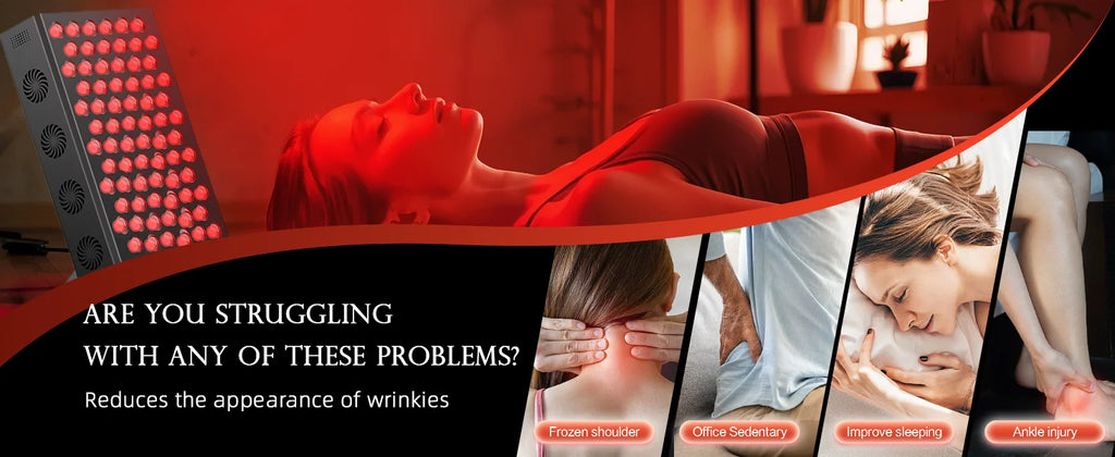 Person receiving red light therapy with text about skincare benefits.