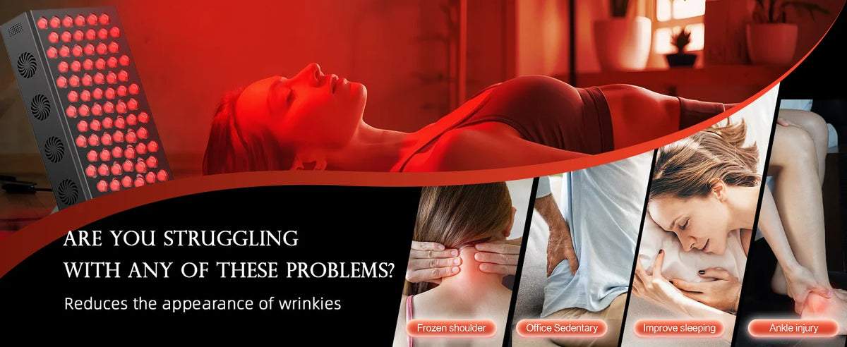 Person receiving red light therapy with text about skincare benefits.