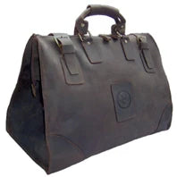 Black leather duffel bag on a white background