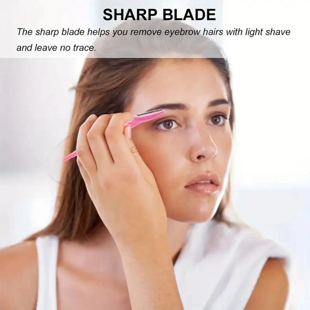 Woman using a pink eyebrow razor with text about a sharp blade on a white background