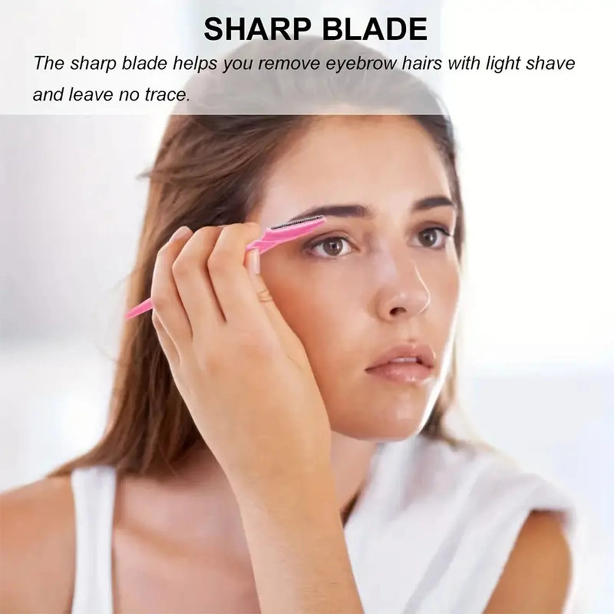Woman using a pink eyebrow razor with text about a sharp blade on a white background