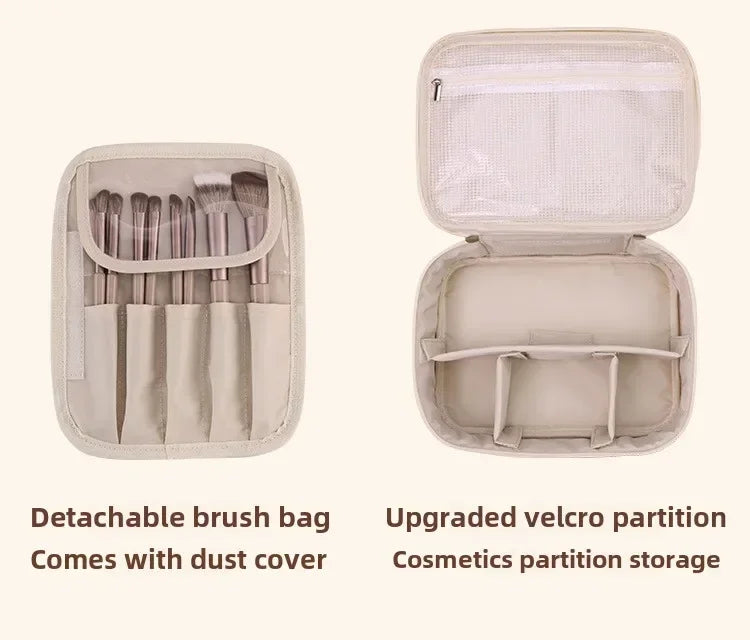 Cosmetic brush set with detachable brush bag and upgraded velcro partition on a white background