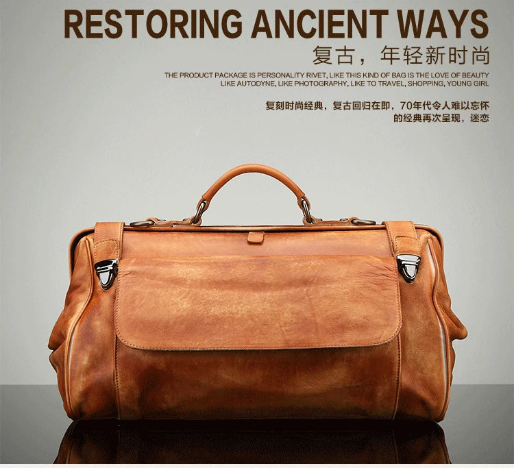 A brown leather travel bag with top handles and silver-tone hardware, shown against a light gray background with promotional text above it.