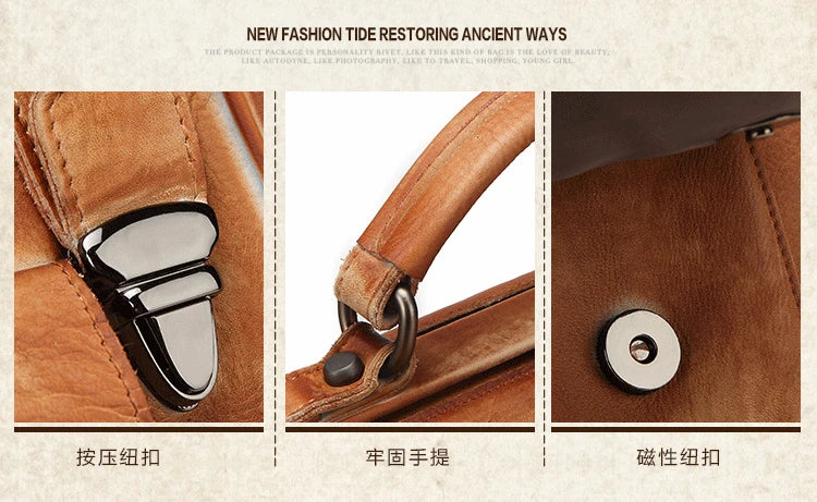 Three close-up detail panels of a brown leather handbag showing hardware and strap attachment, with Chinese text labels and a small header reading 'NEW FASHION TIDE RESTORING ANCIENT WAYS'.