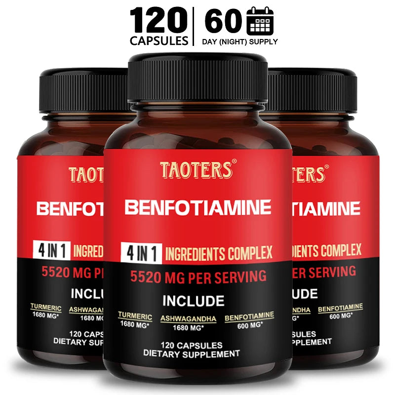Three amber supplement bottles labeled TAOTERS Benfotamine 4-in-1 Ingredients Complex, arranged in a clean studio-style composition with a white background and a small badge at the top reading 120 capsules / 60 day supply.