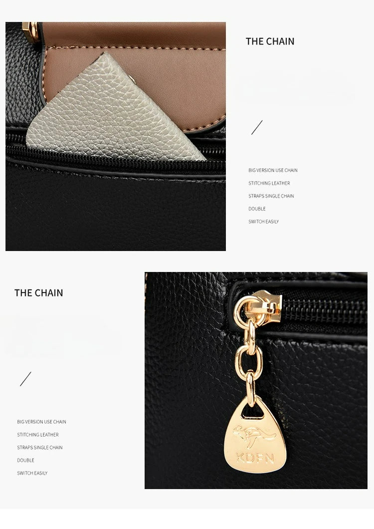 A product detail collage showing a black leather handbag with a gold-tone zipper pull charm and a light beige textured interior flap. Text labels identify the chain details on a white background.