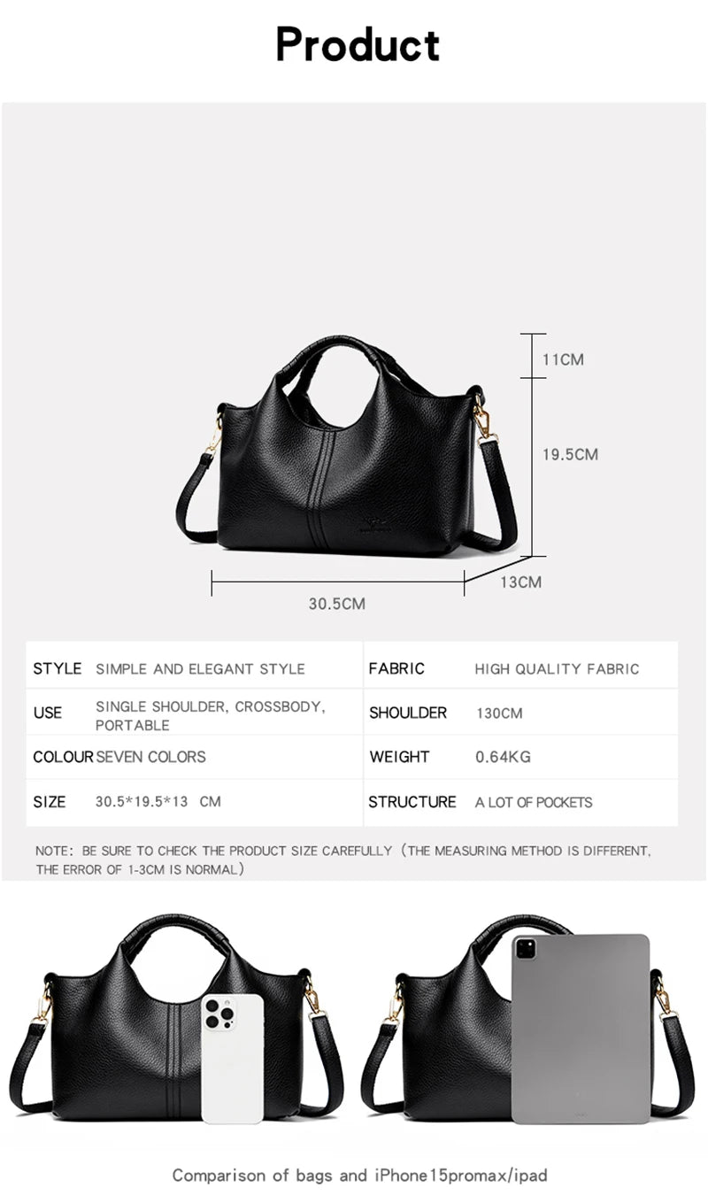 Black handbag with measurements and product details on a white background