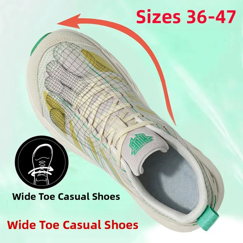 A wide toe casual shoe shown at an angle on a pale mint background with overlaid text reading 'Sizes 36-47' and 'Wide Toe Casual Shoes,' plus a black circular diagram illustrating toe spacing.