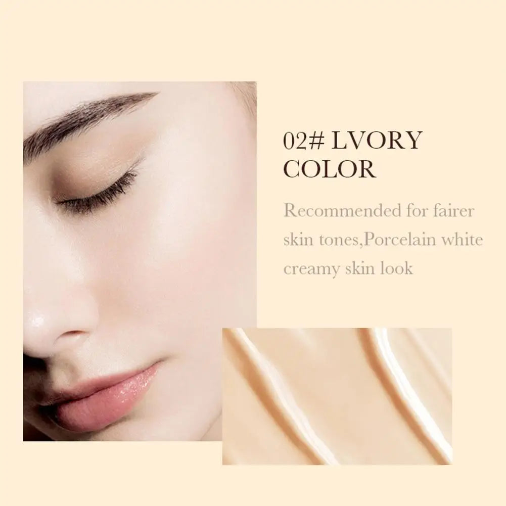 Advertisement for '02# Lvory Color' makeup shade with a close-up of skin and text on a beige background.